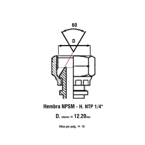 Conexión hembra NPSM de 1/4 pulgada a hembra NPT de 1/4 pulgada.